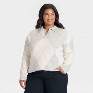 Women's Cozy Knit Polo Sweater - A New Day Gray/Cream Argyle XXL